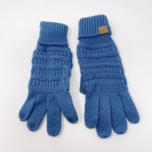 CC Exclusives Knit Striped Gloves Blue Faux Leather Patch Cozy Warm Womens